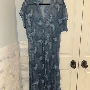 Blue Floral Print V-Neck Women's Sheer Coverup